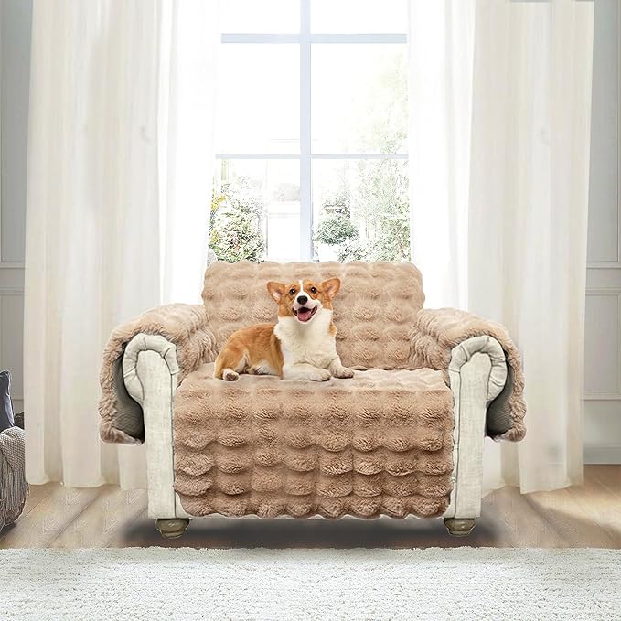 Plush and Fuzzy Shaggy Couch Cover, Dog Pad Faux Fur Sofa Cover, Water Resistant Slipcover, Non-Slip Furniture Protector for Kids,Dogs,Cats.(Light Brown-Bubble, Small-XL Chair)