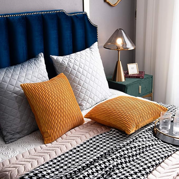 Fall Golden Yellow Couch Pillow Covers: 2 Pack 22x22 Inch Original Striped Velvet Square Throw Pillow Cases for Farmhouse Home Decor