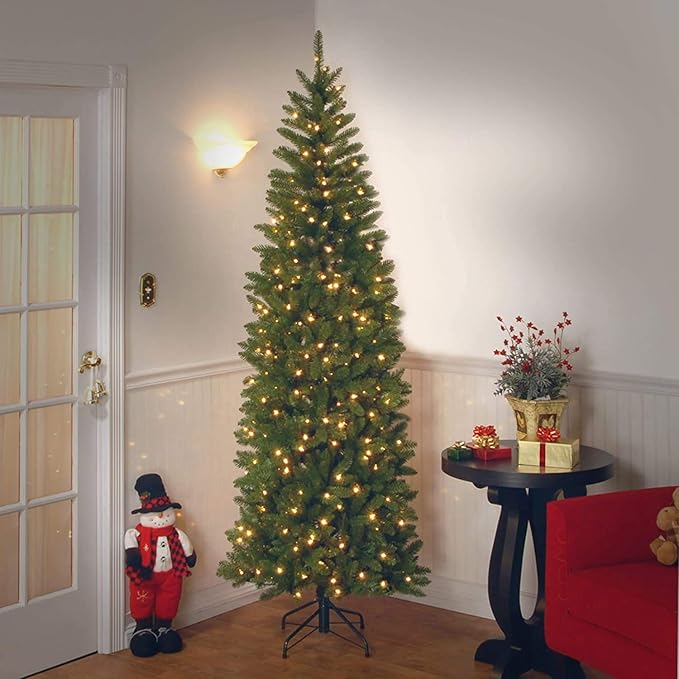 National Tree Company 7.5 ft Pre-Lit Kingswood Fir Slim Artificial Christmas Tree, 350 Clear Lights, 1,075 Tips, Includes Stand, Green