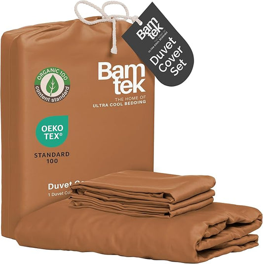 Duvet Cover Set - 100% Viscose Derived from Bamboo Duvet Cover Queen Size, 3 PC Luxury Cooling Duvet Cover for Hot Sleepers, Buttery Soft Comforter Cover & 2 PC Queen Pillowcases, Almond