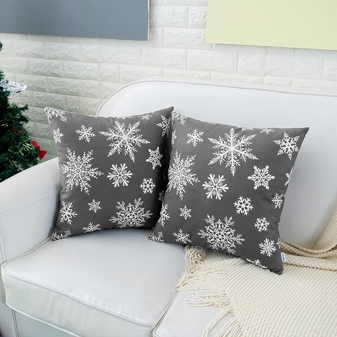 HWY 50 Grey Gray Decorative Throw Pillow Covers 16x16 Inch for Couch Sofa Living Room Bed, Soft Christmas Big and Small Snowflakes Print Throw Pillows Cases Set Cushion Cover Pack of 2