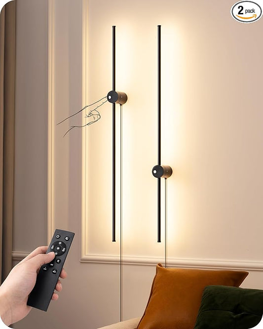 EDISHINE Plug in Wall Sconce Set of Two, Stepless 2700K-6000K Dimmable LED Wall Lights, 350° Rotation 39.4" Touch Wall Sconce with Remote, Timer, Night Light Mode for Living Room Bedroom Hallway