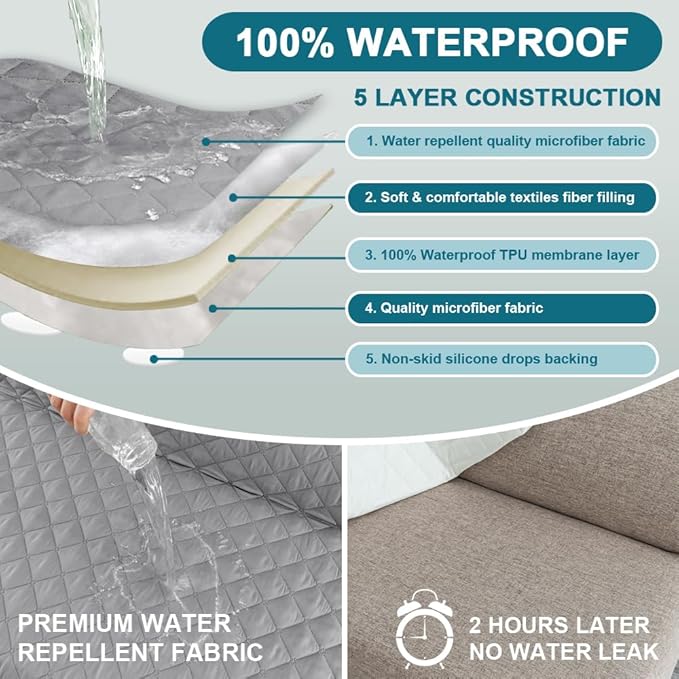 Turquoize 100% Waterproof Futon Cover Futon Slipcover Washable Armless Sofa Bed Slipcover Protector Seat Width Up to 70" with Adjustable Elastic Strap Anti-Slip for Dogs, Dove Gray