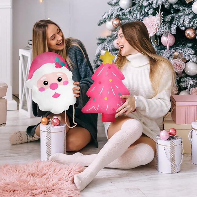 Percozzi Christmas Pillows with Pink Christmas Tree Santa Claus Shaped Throw Pillows Xmas Tree Decorative Pillow Cane & Santa Pillow Cute Soft Stuffed Plush Holiday Party Home Decor 3PCS