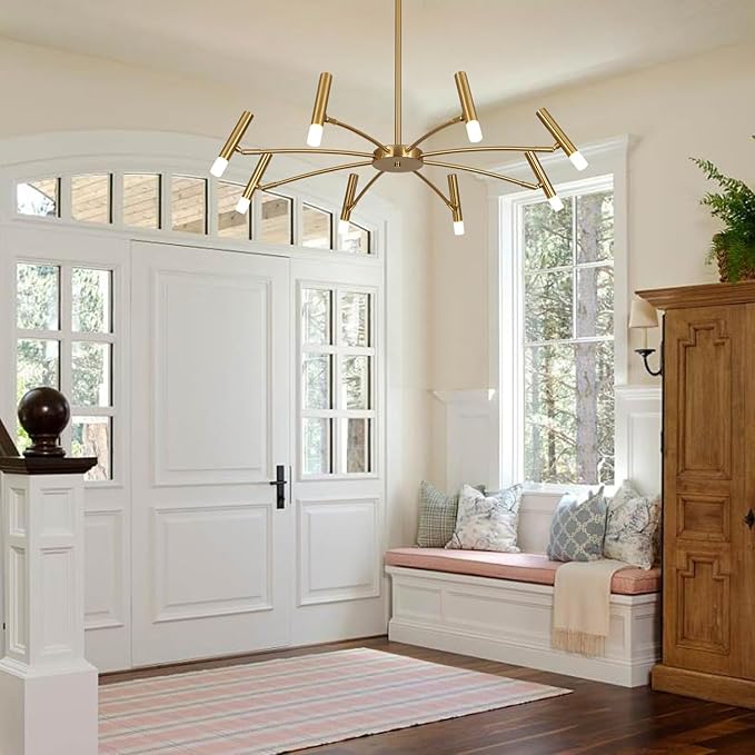 KCO Lighting Contemporary 8 Lights LED Chandeliers Brushed Brass Living Room Light Fixture Gold Sputnik Flush Mount Ceiling Light Fixture Small Modern Ceiling Lamp for Bedroom