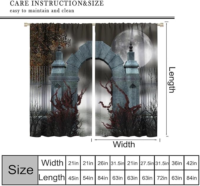 Gothic Mid Century Blackout Curtains, Scary Medieval Moon Dark Night Theme Window Drapes, for Living Room Bedroom 36(W)*63(L) 2 Panels