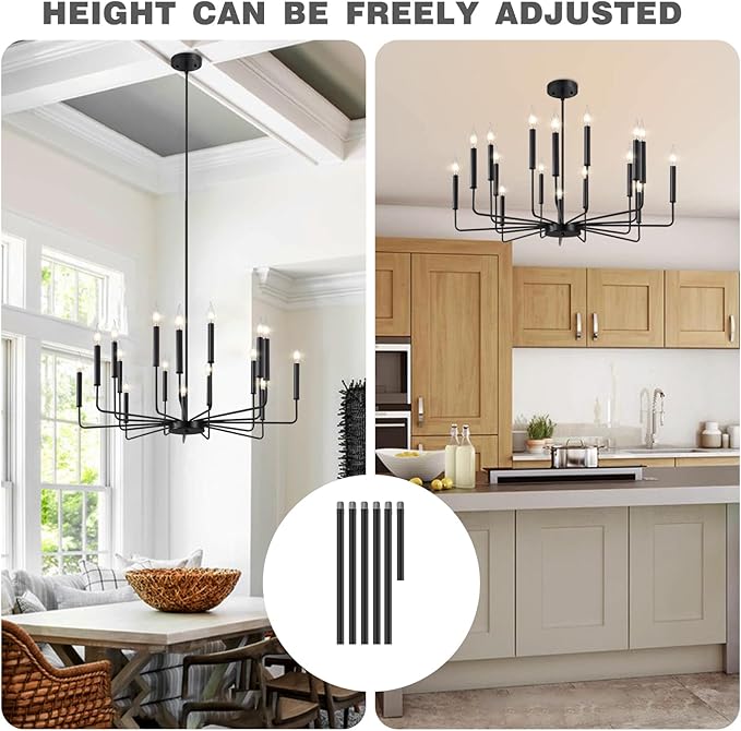 Modern Farmhouse Black Chandelier, 16-Light Rustic Candle Chandelier, Industrial Hanging Chandeliers for Dining Room, Living Room, Kitchen, Foyer, Entryway