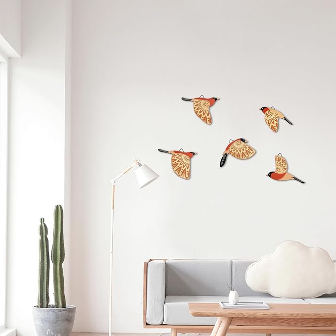 Vumyhuby 5 Pcs Orange Wooden Bird Wall Art | Rustic Folk Art Wall Decor for Indoor Use | Handcrafted Wood Flying Birds Wall Hangings for Living Room, Bedroom, Kitchen, Office | Scandinavian Home Decor Gift