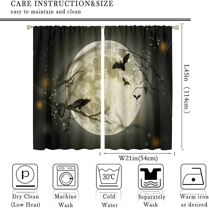 Gothic Halloween Full Moon Blackout Curtains, Gothic Halloween Night Black Bat Crow Print Window Drapes, for Kids Boys Bedroom Living Room 21(W)*45(L) 2 Panels