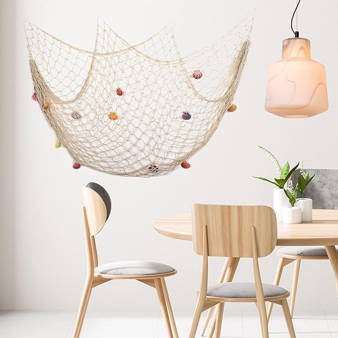 Fish Net Wall Decor with Shells - Fishing Net Decorative Nautical Mediterranean Style Cotton Photo Hanging Display Frame for Christmas Birthday Party Decorations Ornaments 79 x 40 Inch