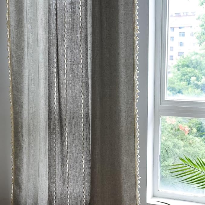 Sutuo Home Boho Curtains 72 inch Long for Bedroom Living Room, Semi Blackout Linen Farmhouse Chic Tassels Window Treatment Bohemian Embroidery Drape, Rod Pocket 1 Panel 52" W x 72" L, Gray Linen