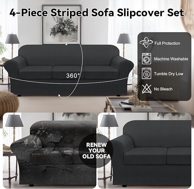 100% Waterproof Extra Large Couch Cover 4-Piece Set Striped Sofa Slipcovers for 3 Cushion Couch Sofa Covers with TPU Leakproof Bottom Stretch Protector Pet Proof - Sofa(3-Cushion), Dark Gray