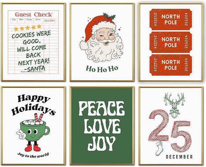 WINDVALE Retro Christmas Wall Art Prints –Vintage Holiday Posters with Santa, North Pole Tickets & Festive Quotes,Christmas Decorations for Living Room, Kitchen & Fireplace(8×10 Unframed)