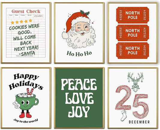 WINDVALE Retro Christmas Wall Art Prints –Vintage Holiday Posters with Santa, North Pole Tickets & Festive Quotes,Christmas Decorations for Living Room, Kitchen & Fireplace(8×10 Unframed)