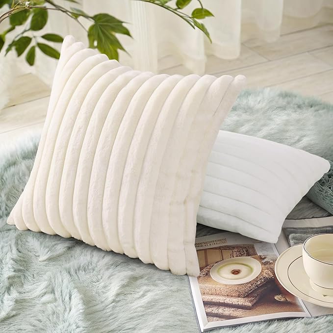 decorUhome Faux Fur Christmas Throw Pillow Covers 22x22 Set of 2, Decorative Soft Plush Striped Neutral Couch Euro Pillow Covers with Velvet Back for Sofa, Bed, Living Room Home Decor, Cream White
