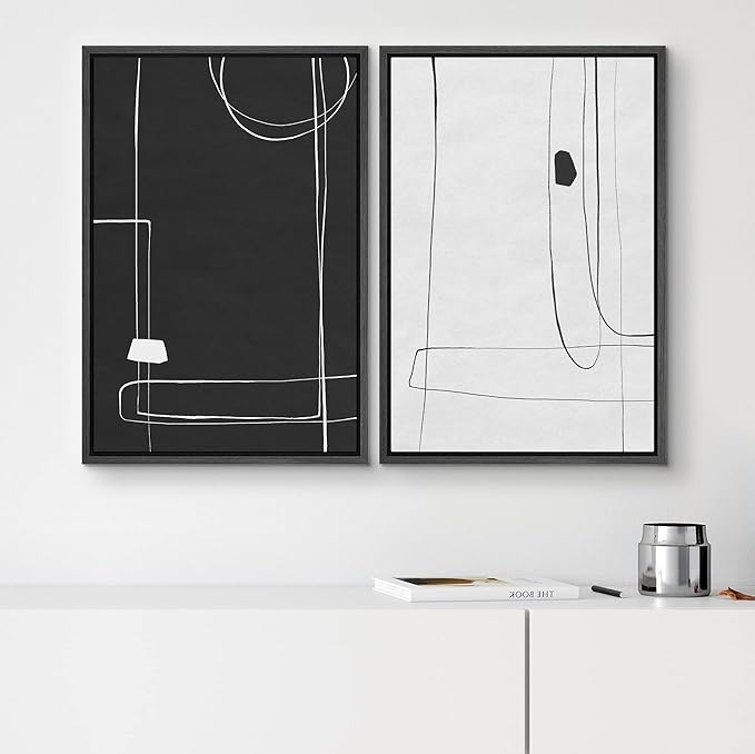 SIGNWIN Framed Canvas Print Wall Art Set Grunge Mid-Century Geometric Lines Abstract Shapes Illustrations Modern Art Minimal Boho Relax/Calm for Living Room, Bedroom, Office - 16"x24"x2 Black