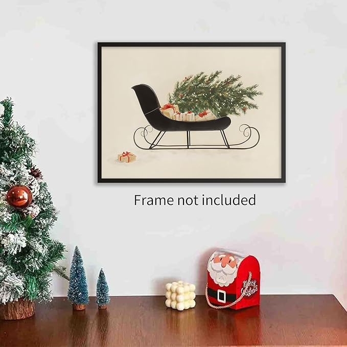 Winter Holiday Sleigh Canvas Wall Art Vintage Christmas Tree Poster Retro Botanical Pine Tree Sketch Painting Prints for Living Room Bedroom Wall Decor 12x16 inch Unframed