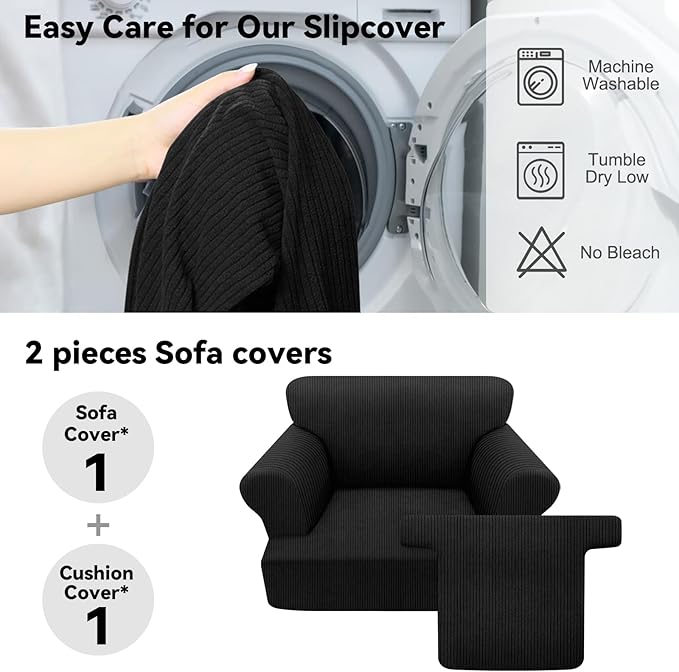 Waterproof Chair Cover with Arms 2-Piece Set Striped Slipcover for 1 Separate T Cushion Couch - TPU Fabric Armchair Covers Leakproof Couch Protector for Kids, Pets(Chair, Black)