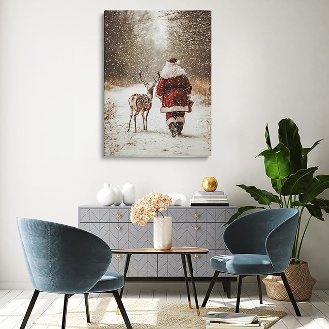 Santa Claus Reindeer Wall Art Print,Forest Snowfall in Winter Print,Christmas Home Decor,Deer Christmas Print