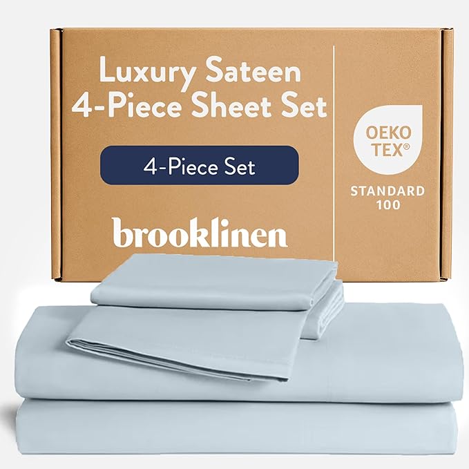 Brooklinen Luxury Sateen 4 Piece Sheet Set - 100% Cotton Bed Sheets, Soft & Durable King Size Sheets Set in Sky, Oeko-TEX Certified Bedding Set, 1 Fitted Sheet, 1 Flat Sheet, 2 Pillowcases