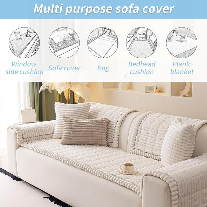 Couch Cover for Dogs Washable,Non Slip Fuzzy Durable Couch Covers for 3 Cushion Sofa Pet Friendly Sofa Cover Dog Thick Soft Slipcovers Protector Couches Mat Bed (White, 27.6" x 59"/70 x 150cm)