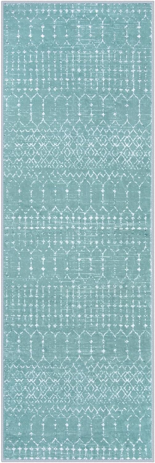 Lahome Moroccan Green Runner Rug 2x6 - Washable Non-Slip Hallway Rug Runner Kitchen Throw Untra-Thin Entryway Carpet, Geometric Print Distressed Floor Mat for Hallways Bedroom