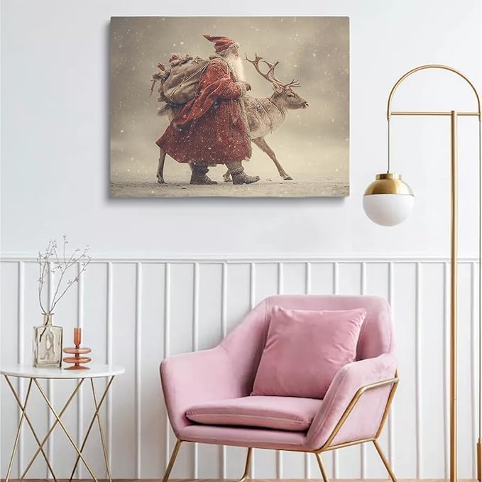 Vintage Santa and Reindeer Walking Wall Art Print,Christmas Scenery Print,Nordic Snow Winter Wonderland Print,Cozy Rustic Holiday Home Decor