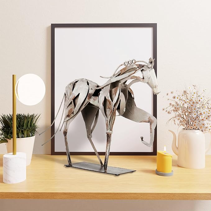 Handmade Metal Horse Statue Decor - Handcrafted & Hand-Painted Sculpture, Unique Rustic Figurine for Home, Office, Desk Decoration (White)