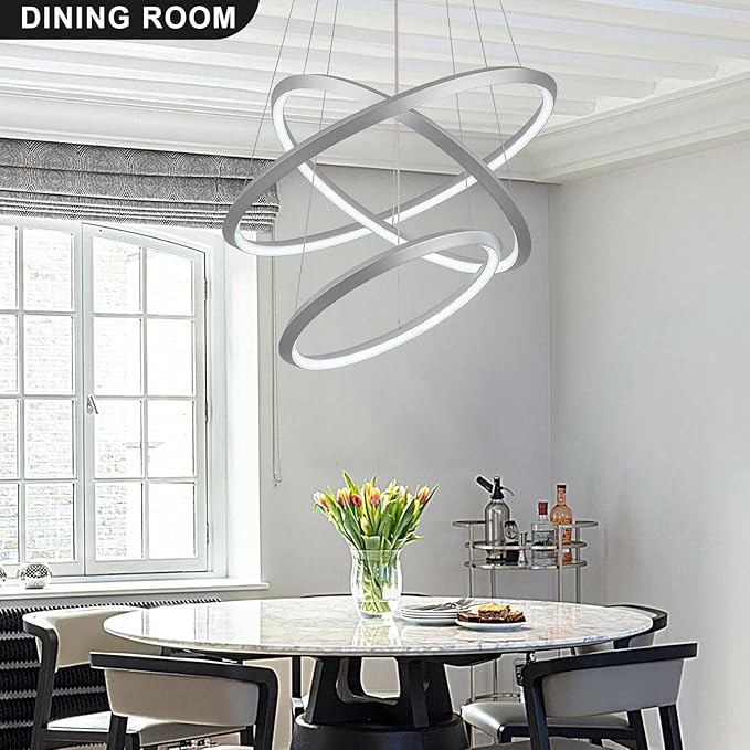 Modern LED Chandelier Room Decor 3 Ring Circular Chandelier Dimmable 23.6”Round Pendant Light Contemporary for Dining Living Room Foyer Bedroom 6000K Silver 5040lm