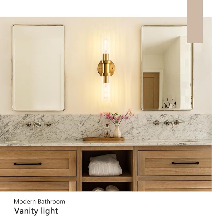 Gold Wall Sconces Set of Two, 17.5 inch Brushed Gold Vanity Light with Stripped Glass Shade, Indoor Wall Lights for Mirror, Bathroom, Kitchen, Living Room（2 Pack）