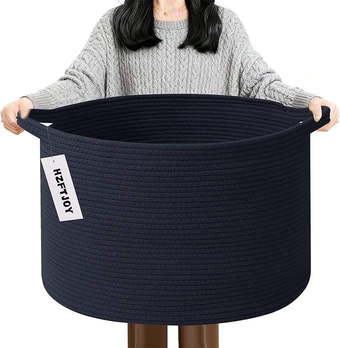 Large Blanket Basket for Organizing,115L Closet Organizers and Storage Bins Box for Shelves Woven Rope Storage Baskets,Living Room,Bedroom,Dorm,Laundry room (Navy)