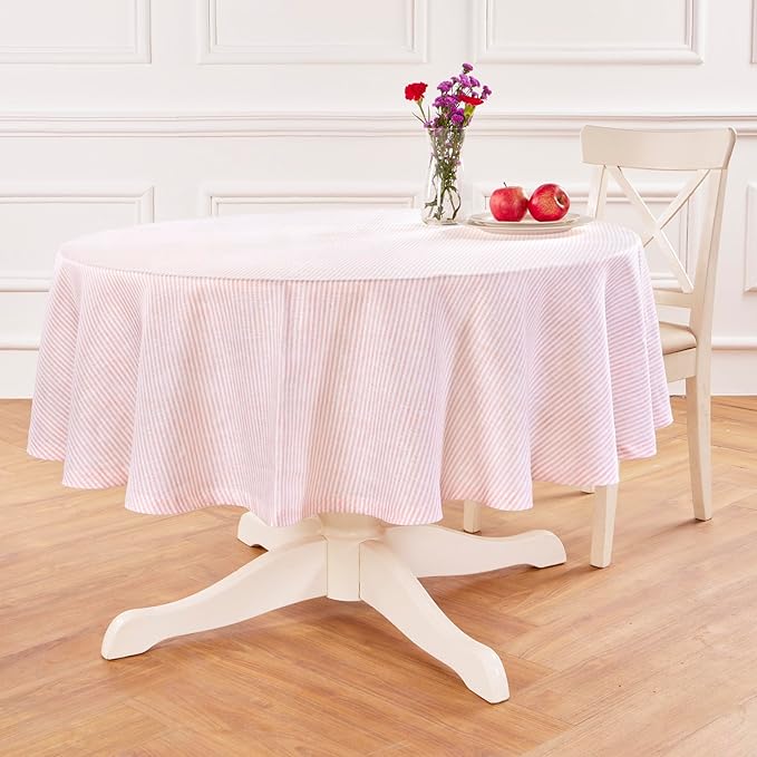 Solino Home Linen 60 Inch Round Tablecloth - Narrow Stripe, 100% Pure Linen Peach and White Round Tablecloth - Machine Washable Table Cloth