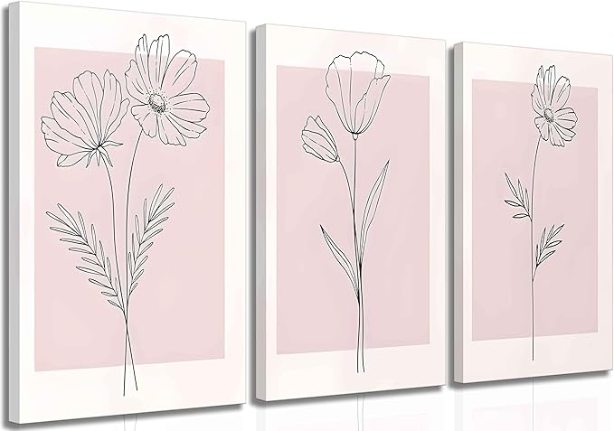 3 Pieces Minimalism Botanical Canvas Wall Art Pink Flowers Line Plants Pictures Wall Decor Posters Print Artwork for Girls' Room Living Room Bedroom Bathroom Office Home Decoration