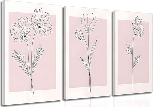 3 Pieces Minimalism Botanical Canvas Wall Art Pink Flowers Line Plants Pictures Wall Decor Posters Print Artwork for Girls' Room Living Room Bedroom Bathroom Office Home Decoration