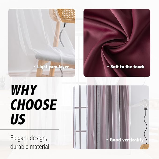 Anytime Home Curtains Blackout and Sheer Layered Solid Window Curtain Panel Pair with Grommet Top, 52Wx72L,Wine Red