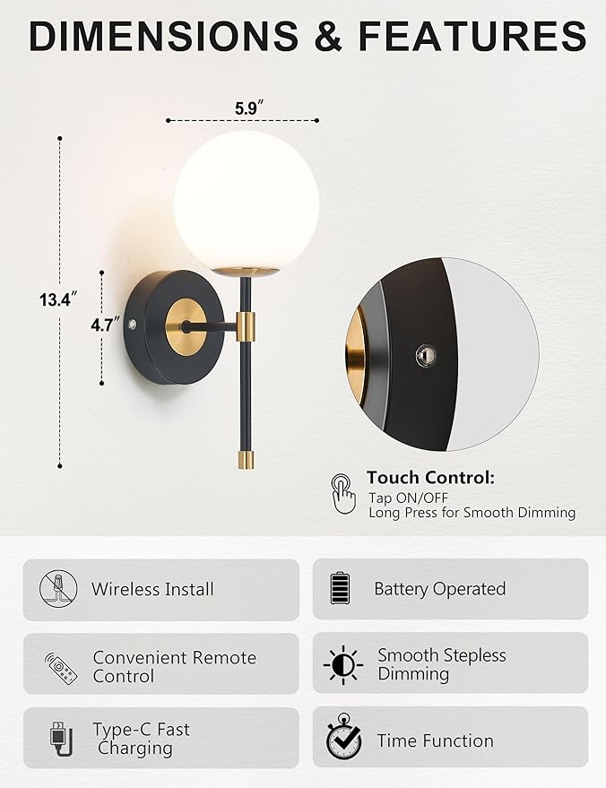 Battery Operated Globe Wall Sconces Set of 2, Black & Gold Wireless Wall Lights with Remote Control, Rechargeable 3 Color Stepless Dimming Modern Wall Decor Lamp for Bedroom Living Room Hallway