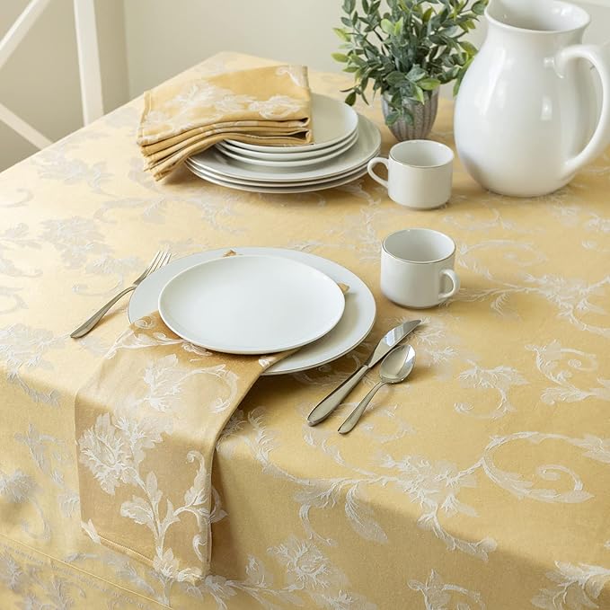 Benson Mills Harmony Scroll Woven Damask Fabric Tablecloth, Everyday, Parties, Special Occasions, Weddings and Holiday Table Cloth (60" X 120" Rectangular, Gold)