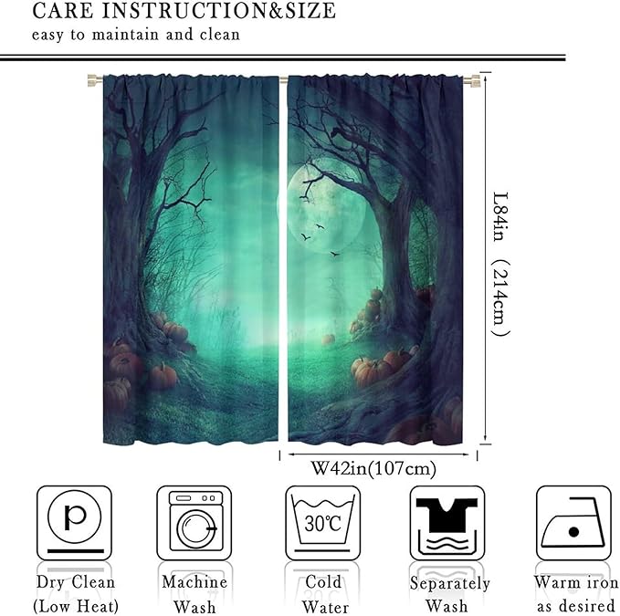Gothic Mushroom Blackout Window Curtains, Misty Dark Black Forest Moon Halloween Window Drapes, for Living Room Bedroom 42(W)*84(L) 2 Panels