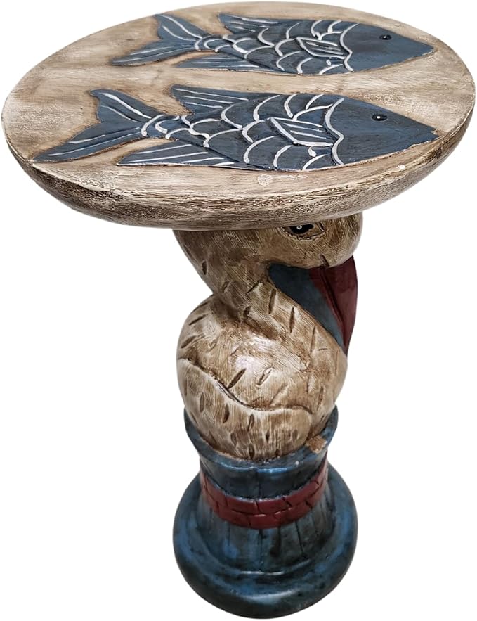 WorldBazzar Hand Carved Wooden Rustic Pelican Fish End Table Plant Stand Wood Sculpture