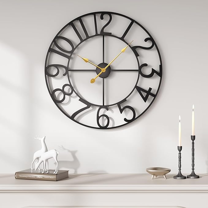Large Wall Clock, 20 Inch Decorative Wall Clocks for Living Room, Modern Metal Battery-Operated Arabic Numerals Round Black Clock Silent Non Ticking for Kitchen Mantel Bedroom Office