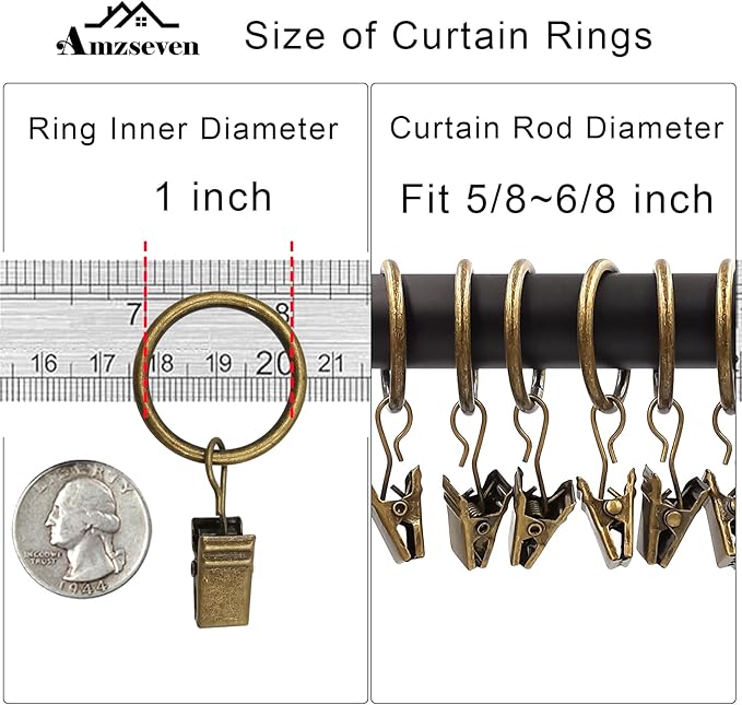 44 Pack Metal Curtain Rings with Clips, Drapery Clips with Rings, Drapes Rings 1 inch Inner Diameter, Fits Diameter 5/8 inch Curtain Rods, Vintage Bronze