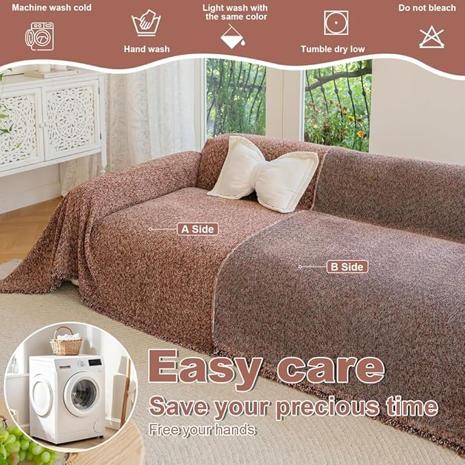 ROOMLIFE Pink Couch Covers for 3 Cushion Couch,Chenille Sofa Couch Slipcover Sectional Sofas Covers with Tassel, Washable Soft Breathable Furniture Protector Cover for Living Room, 71 '' X 134''