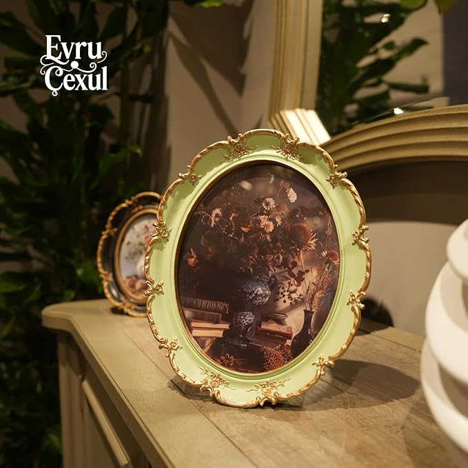 Oval Frame 8x10 - Soft Green Gold Vintage Picture Frames 8x10, Antique Ornate Frames 8 X 10 With Glass Front For Tabletop Photo Display And Wall Hanging, Frame 8 By 10