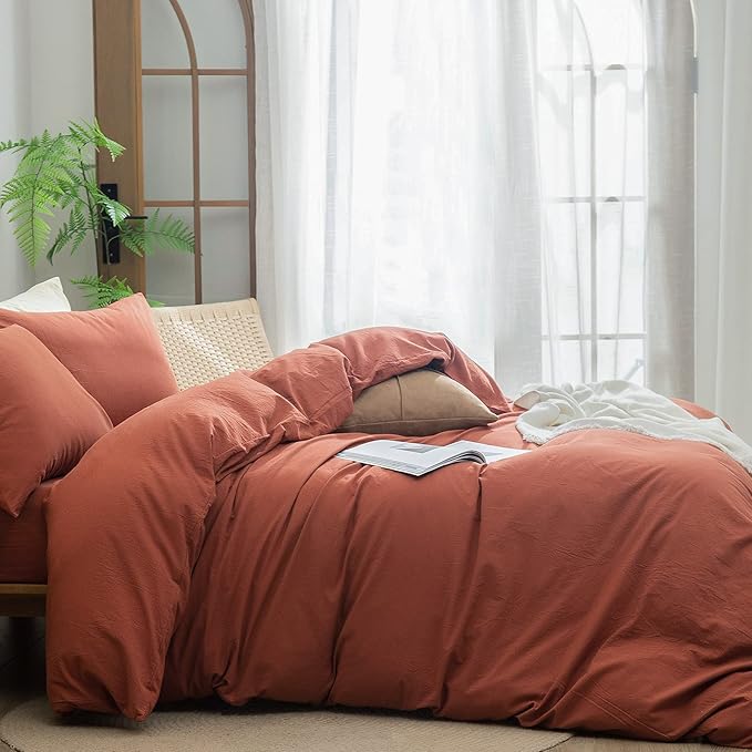 BESTOUCH Duvet Cover Set 100% Washed Cotton Linen Feel Super Soft Comfortable Chic Lightweight 3 PCs Home Bedding Set Crimson Red King