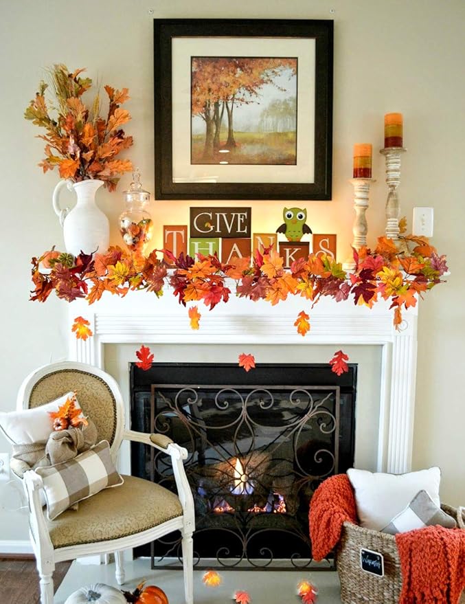 DearHouse 2 Pack Fall Garland Maple Leaf, 5.9Ft/Piece 7 Colors Hanging Vine Garland Artificial Autumn Foliage Garland Thanksgiving Decor for Home Wedding Fireplace Party Christmas
