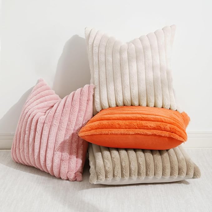 decorUhome Faux Fur Christmas Throw Pillow Covers 16x16 Set of 2, Decorative Soft Plush Striped Neutral Couch Euro Pillow Covers with Velvet Back for Sofa, Bed, Living Room Home Decor, Beige
