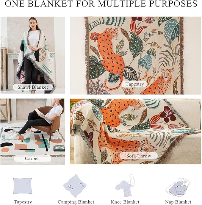 Double-Sided Cotton Woven Throw Blanket with Tassel Jungle Bohemian Style Tapestry Shawl Multi-Function Decorative Throws for Sofa Bed Armchair Camping Blanket Tablecloth Carpet 160x130cm