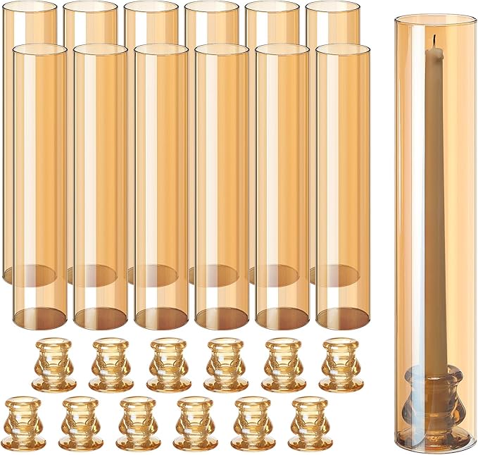 12 Set Christmas Glass Hurricane Candle Holders 12.6" Open Ended Glass Candleholder Tube Shape Bottomless and 2.2" Taper Clear Candlestick Holders for Wedding Party Table Centerpiece (Amber)