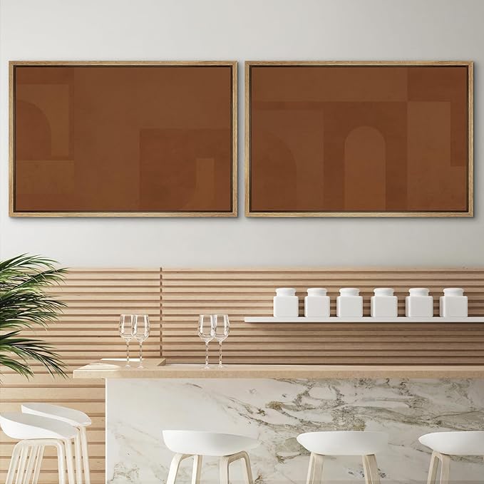 SIGNWIN Framed Canvas Print Wall Art Set Mid-Century Brown Polygon Landscape Abstract Shapes Digital Art Modern Art Decorative Minimalism Vintage for Living Room, Bedroom, Office - 24"x36"x2 Natural