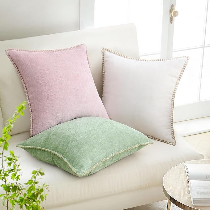 decorUhome Christmas Chenille Soft Throw Pillow Covers 26x26 Set of 2, Farmhouse Velvet Neutral Decorative Euro Pillow Covers with Stitched Edge for Couch Sofa Bed Home Decor, Sage Green